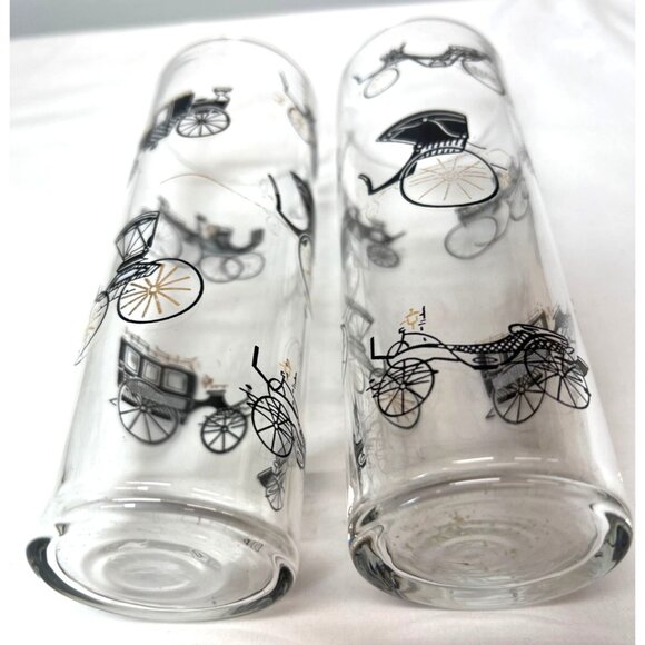 Pair Vtg LIbby Black Gold Carriage Drinking Glasses High Ball Bar Tom CollinsPre - Picture 4 of 4